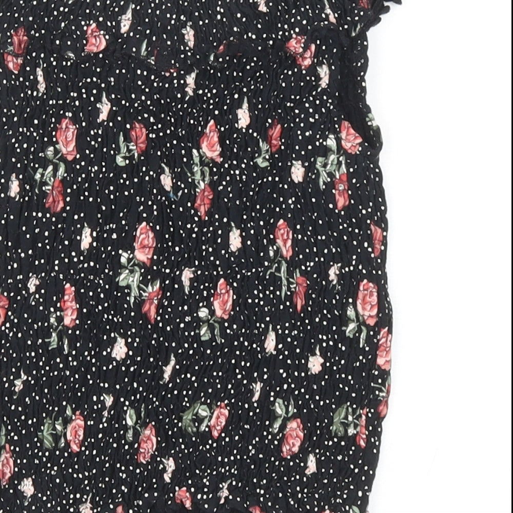 Next Girls Black Polka Dot Cotton Cropped T-Shirt Size 9 Years Off the Shoulder Pullover - Floral