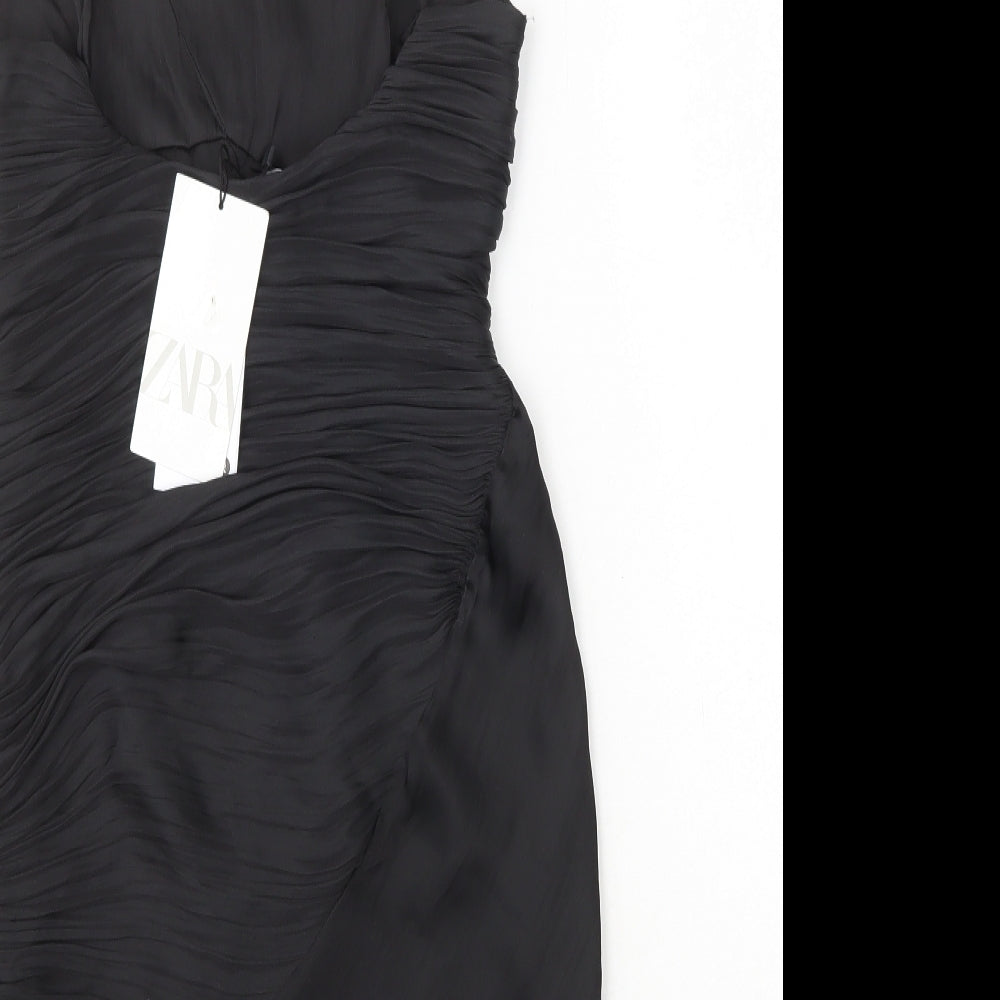 Zara Womens Black Polyester Slip Dress Size S V-Neck Zip