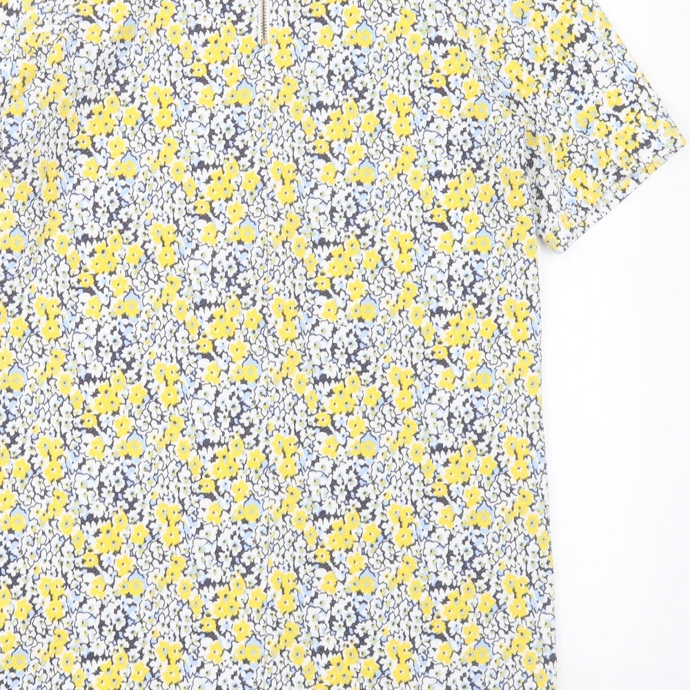 Warehouse Womens Yellow Floral Polyester A-Line Size 14 Crew Neck Zip