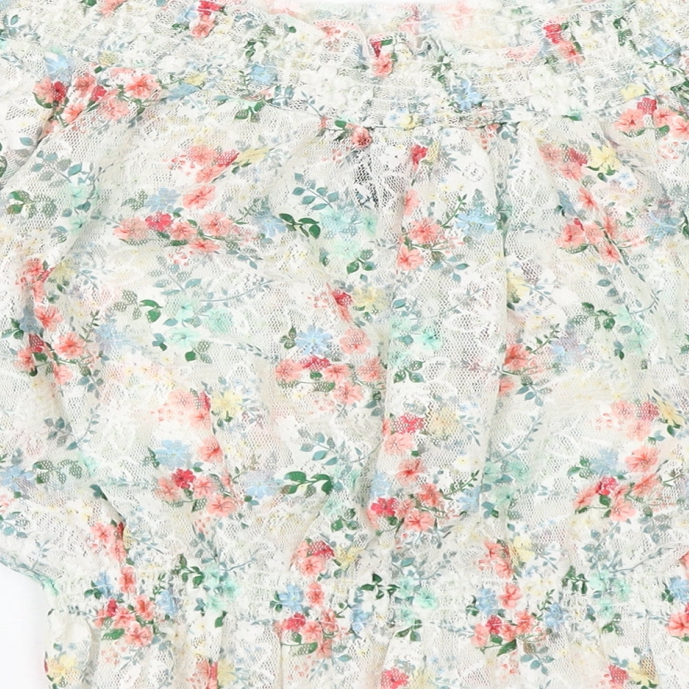 New Look Womens White Floral Polyester Cropped Blouse Size 12 Round Neck