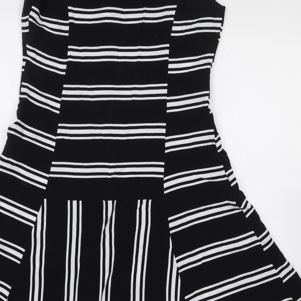 Marks & Spencer Womens Black Striped Viscose A-Line Size 10 Boat Neck Zip