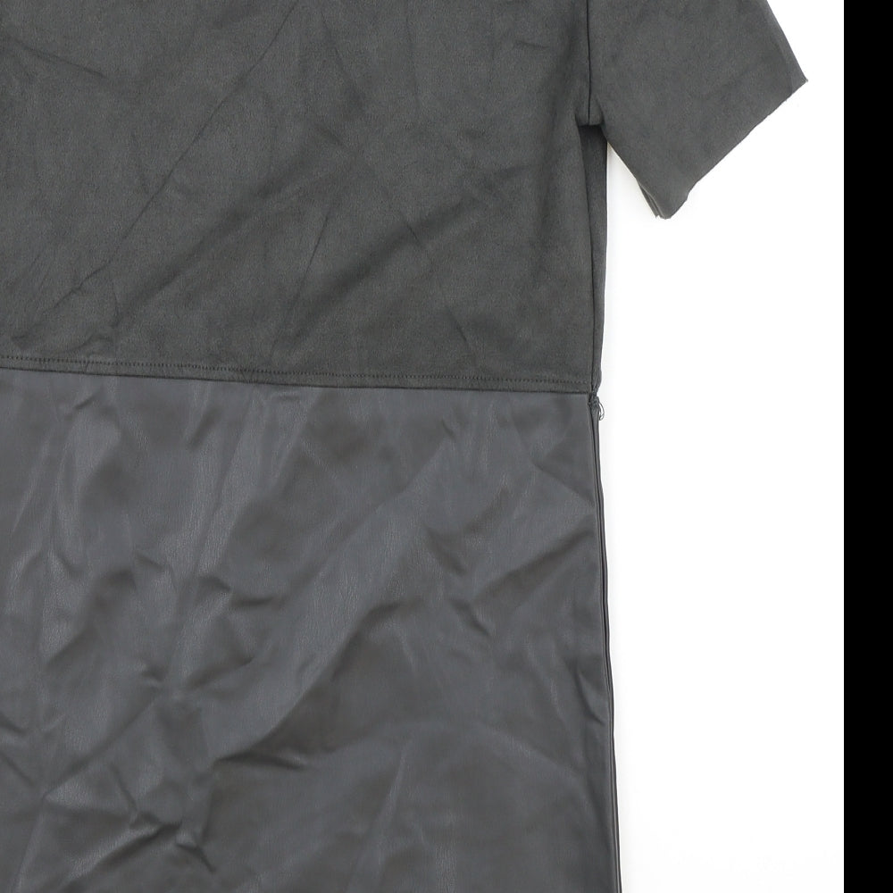 Zara Womens Grey Polyester T-Shirt Dress Size XS Round Neck Pullover - Faux leather