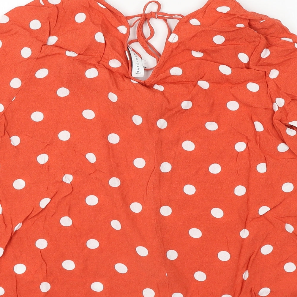Warehouse Womens Orange Polka Dot Viscose Basic Button-Up Size 8 V-Neck