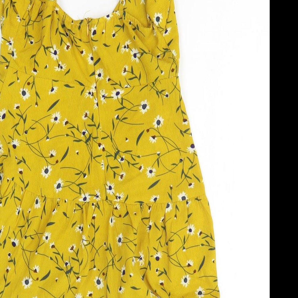 SHEIN Womens Yellow Floral Polyester Fit & Flare Size XS Off the Shoulder Zip