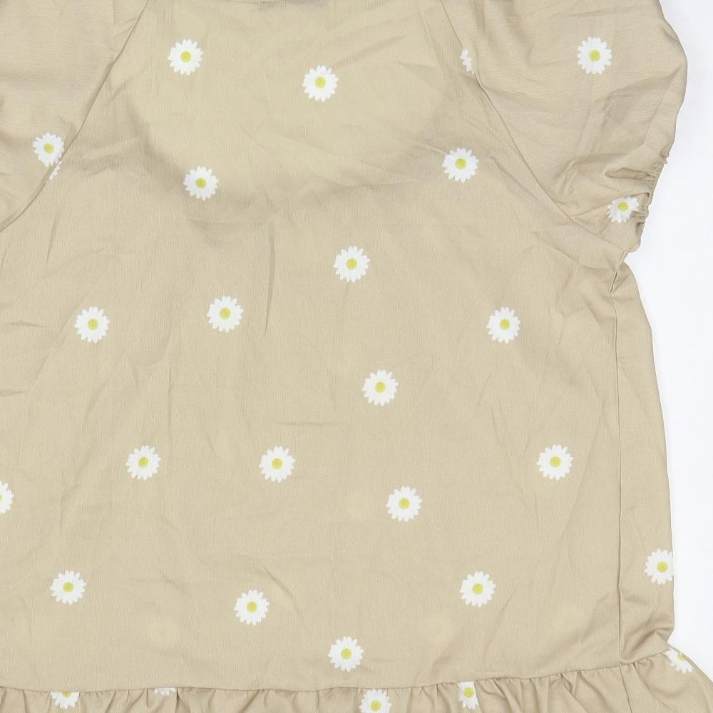 Sheilay Womens Beige Floral Polyester Basic Blouse Size L Round Neck