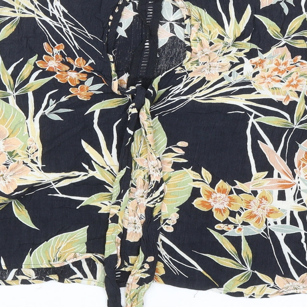 New Look Womens Black Floral Viscose Cropped Blouse Size 12 Round Neck - Tie Detail