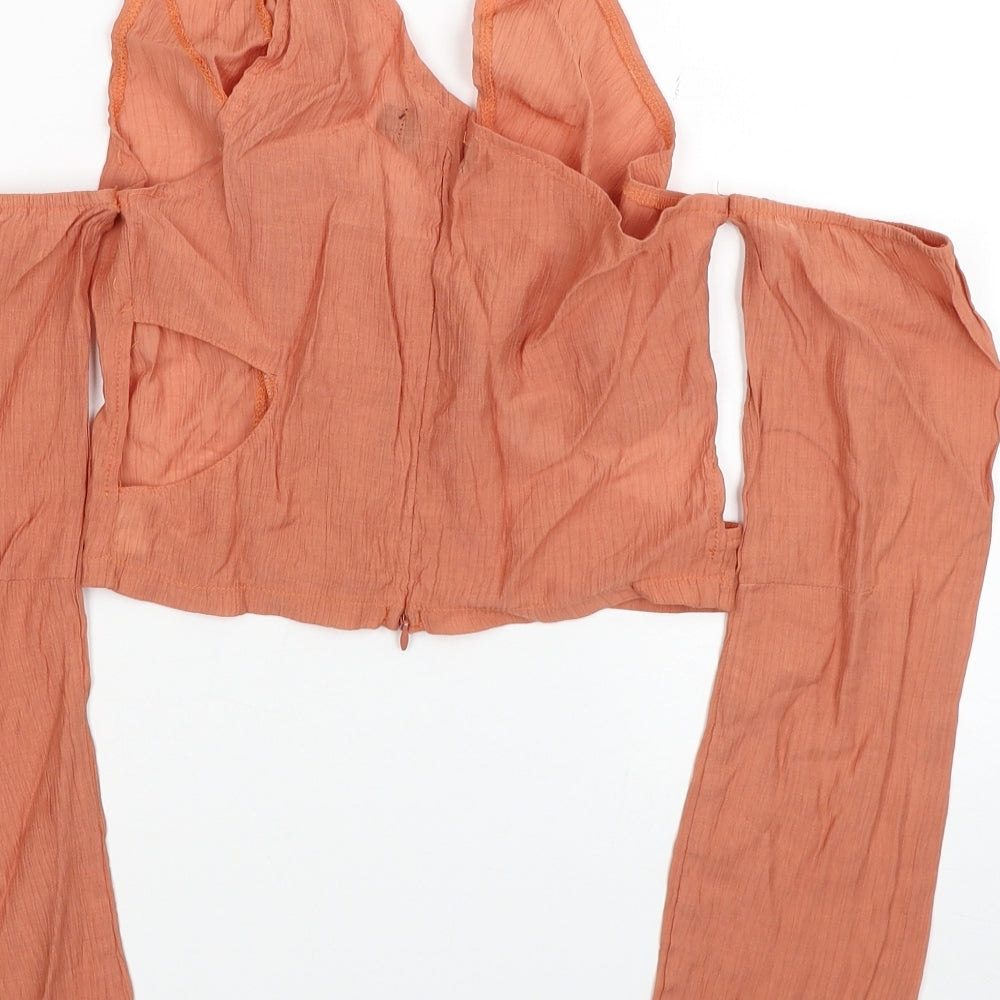 PRETTYLITTLETHING Womens Orange Viscose Cropped Blouse Size 8 V-Neck - Cold Shoulder