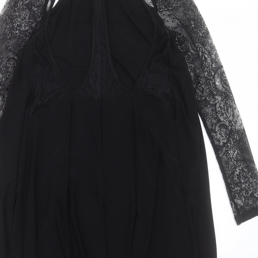 ASOS Womens Black Polyester A-Line Size 10 Crew Neck Zip - Lace Sleeve Detail