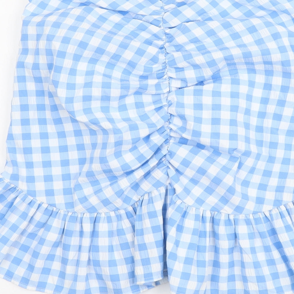 PRETTYLITTLETHING Womens Blue Check Polyester Basic Tank Size 10 Off the Shoulder