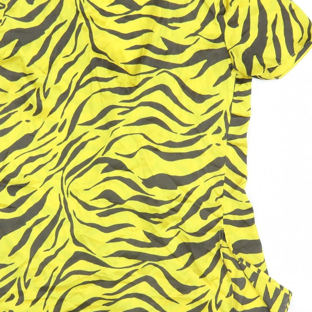 River Island Womens Yellow Animal Print Polyester Basic Button-Up Size 10 V-Neck