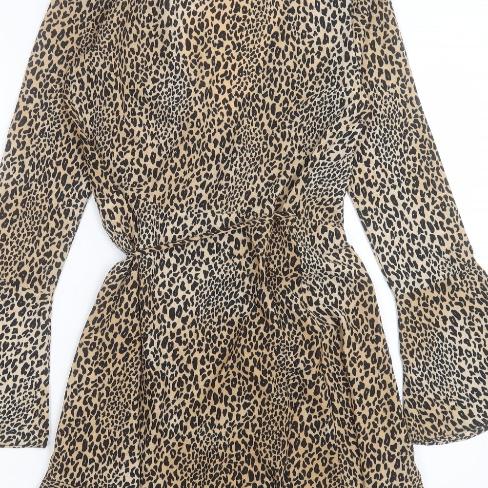 H&M Womens Brown Animal Print Polyester Wrap Dress Size 6 V-Neck Tie - Leopard Print