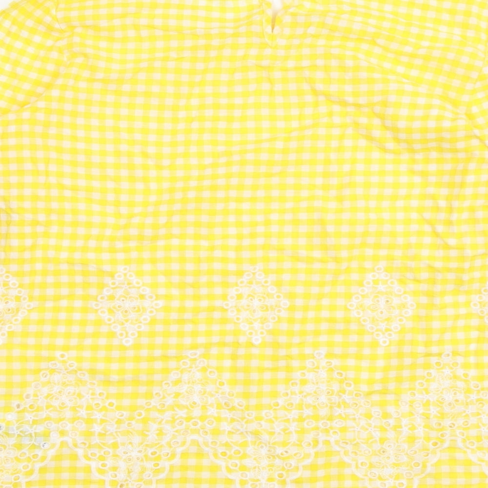NEXT Womens Yellow Check Cotton Basic Blouse Size 6 Round Neck