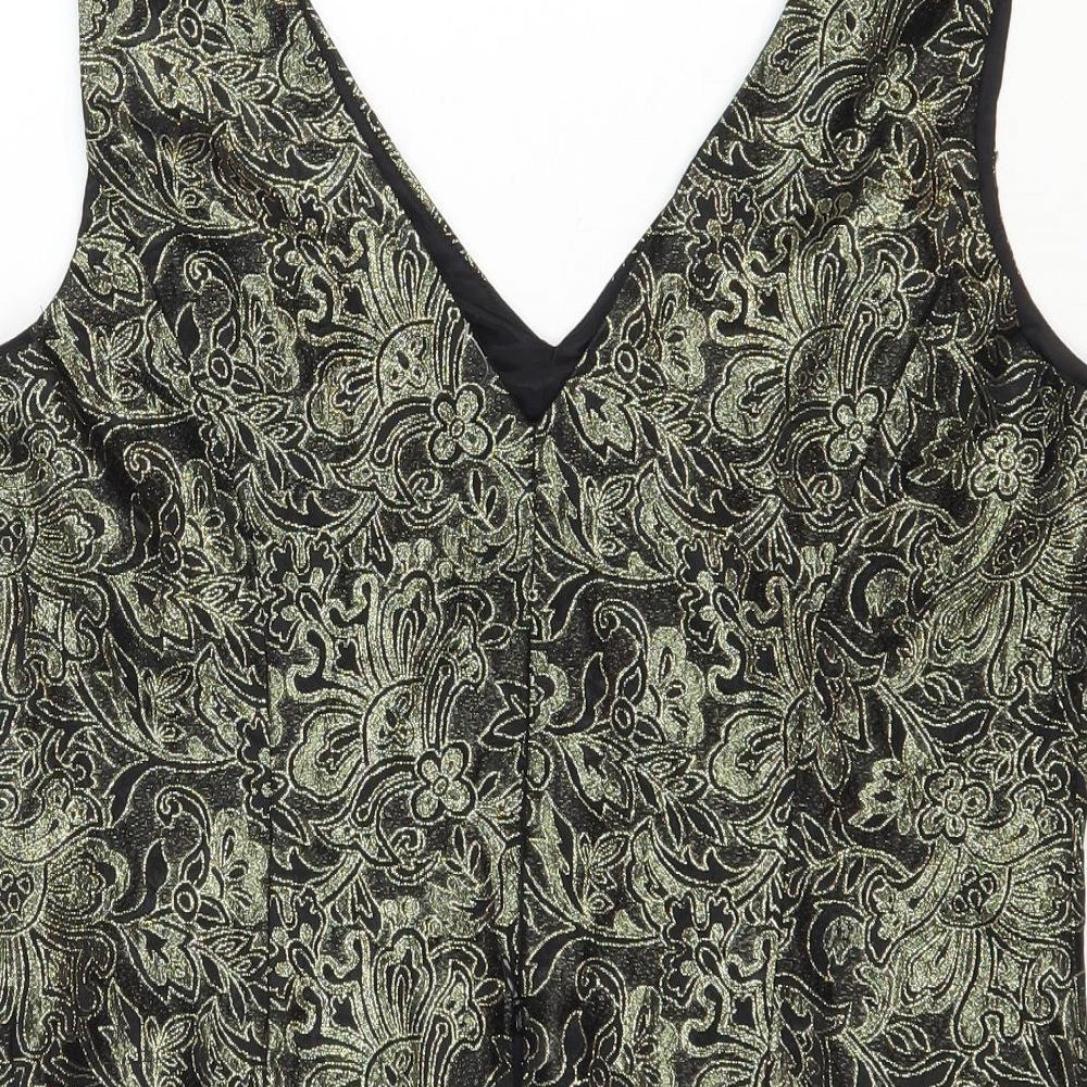 Caliendo Womens Gold Floral Acetate Basic Tank Size 8 V-Neck