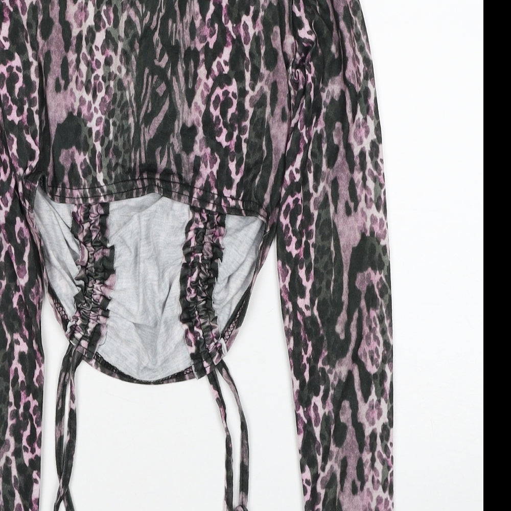 PRETTYLITTLETHING Womens Multicoloured Animal Print Polyester Cropped Blouse Size 4 Boat Neck - Leopard Print