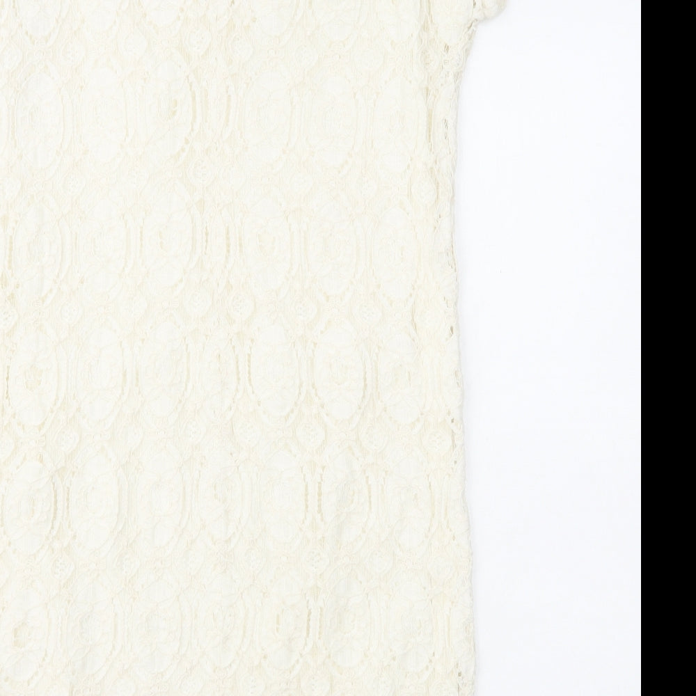 Oui Womens White Geometric Polyamide Shift Size 12 Round Neck Zip - Lace Overlay