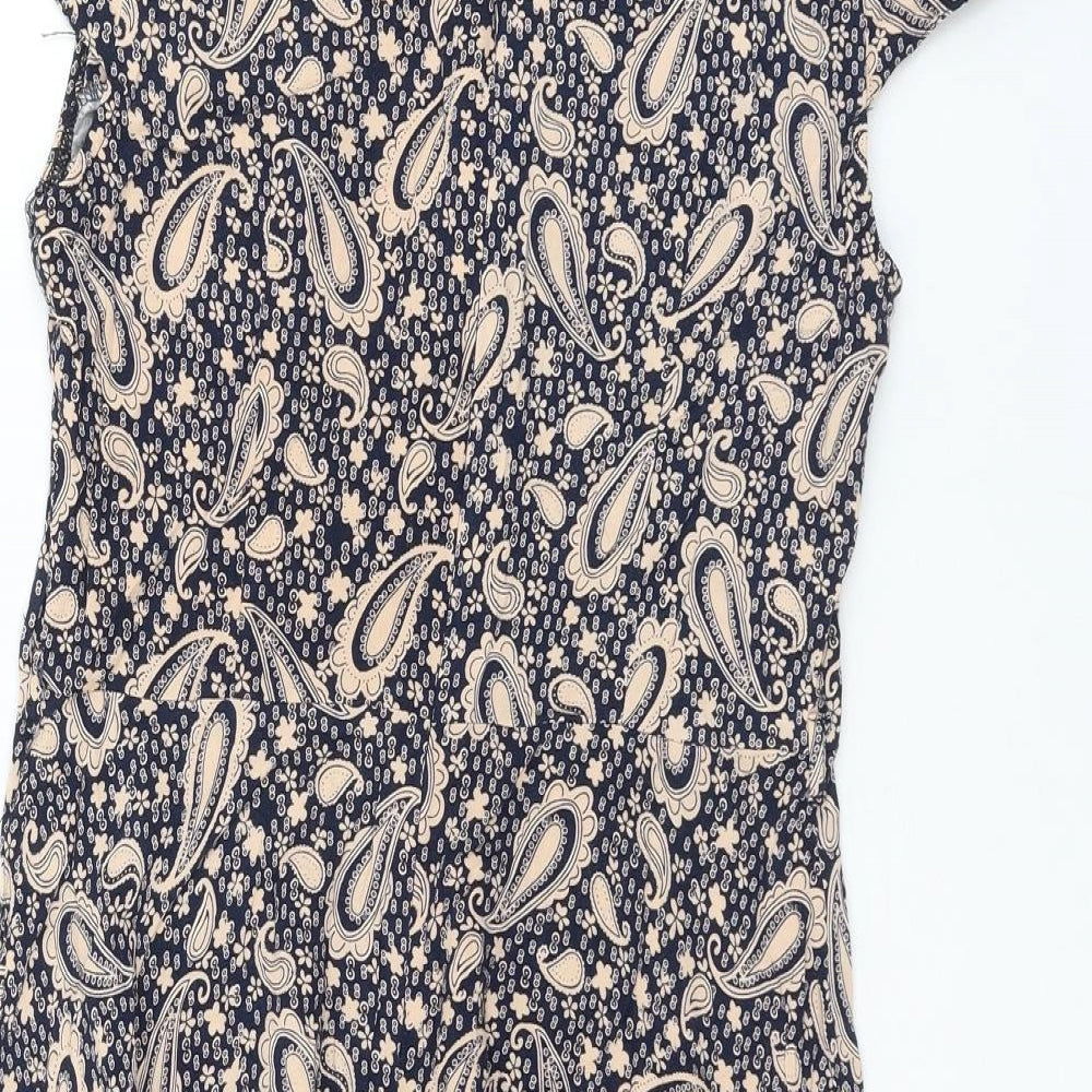 Izabel London Womens Blue Paisley Viscose Skater Dress Size 12 Round Neck Zip