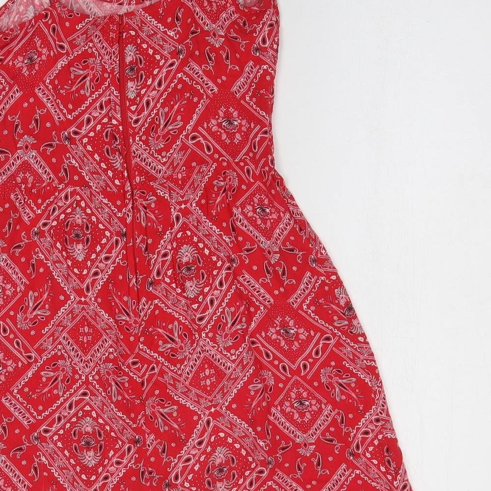 H&M Womens Red Geometric Viscose Fit & Flare Size 8 Off the Shoulder Zip