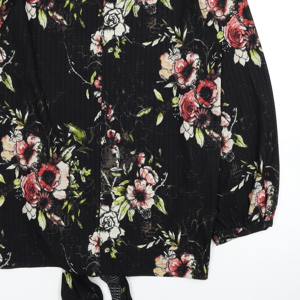 NEXT Womens Black Floral Polyester Basic Blouse Size 8 Boat Neck - Knot Detail