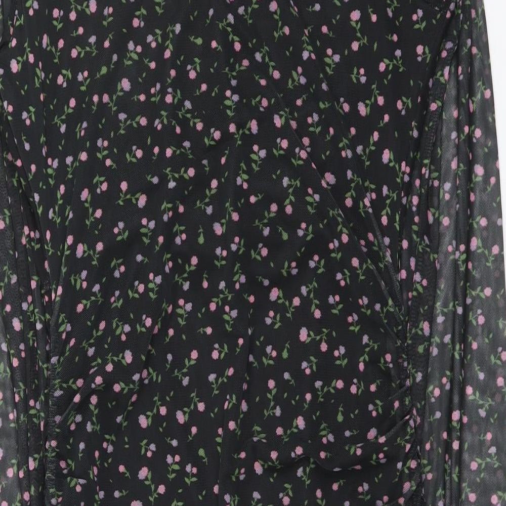 Preworn Womens Black Floral Polyester Bodycon Size 10 V-Neck Pullover