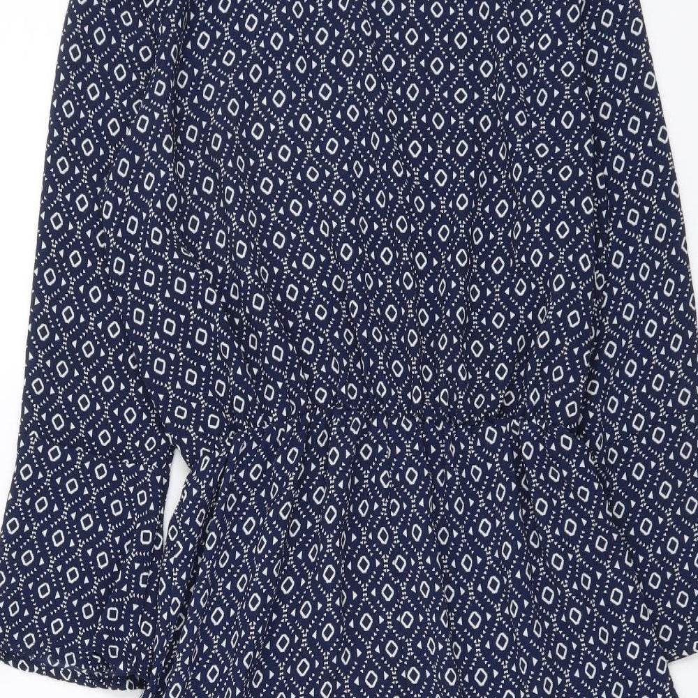 H&M Womens Blue Geometric Polyester Mini Size XS Round Neck Pullover