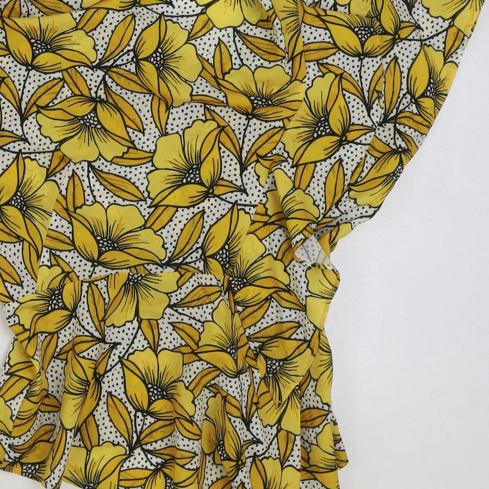 Topshop Womens Yellow Floral Polyester Basic Blouse Size 8 Scoop Neck