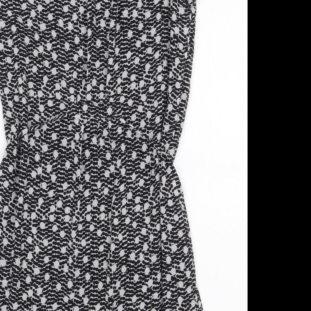 H&M Womens Black Geometric Polyester A-Line Size 8 V-Neck Button