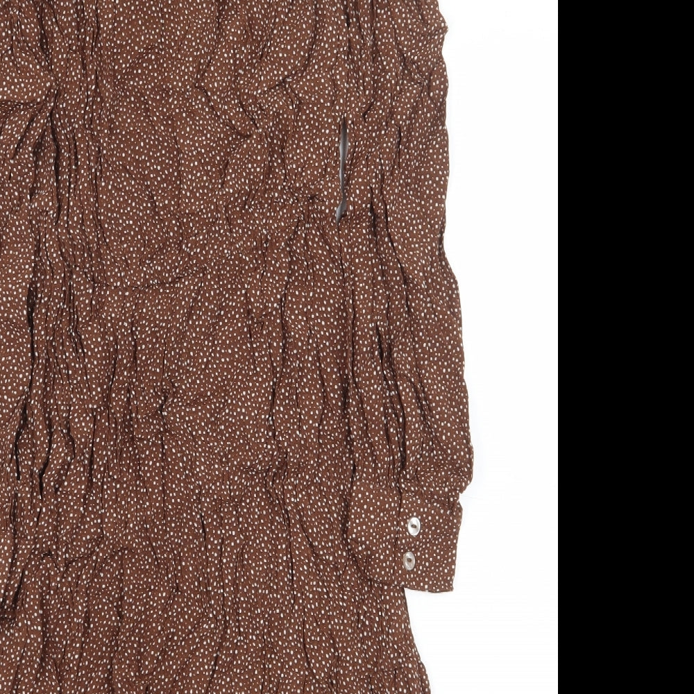 New Look Womens Brown Geometric Viscose A-Line Size 10 Mock Neck Button