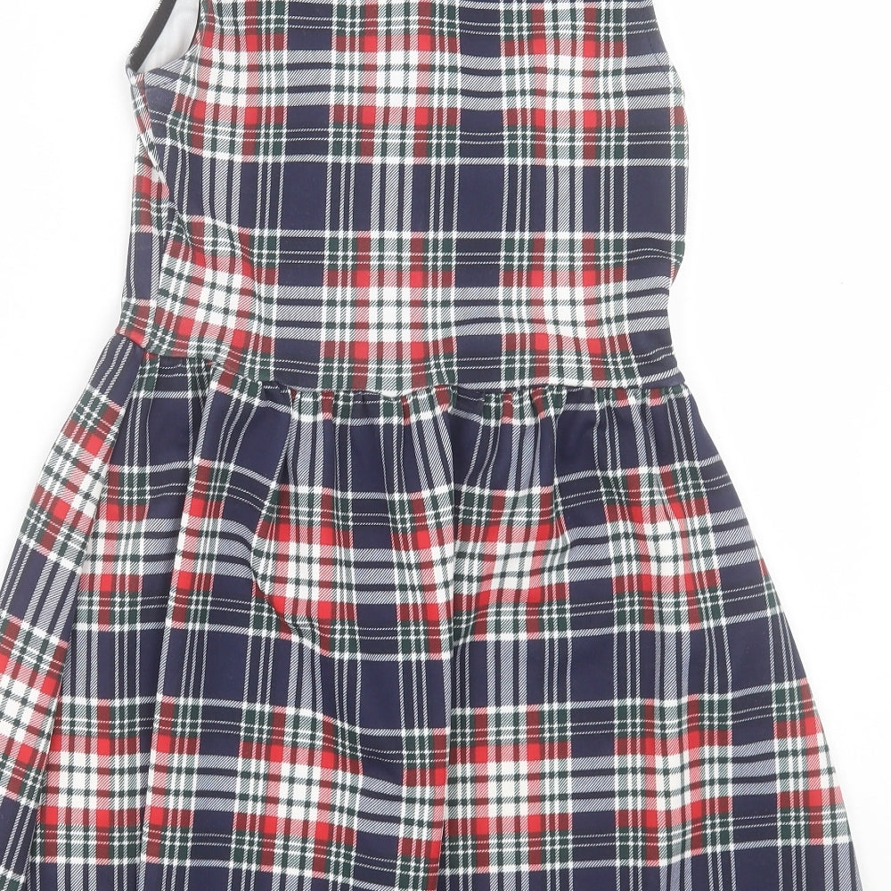 Blue Vanila Womens Blue Plaid Polyester Fit & Flare Size L Crew Neck