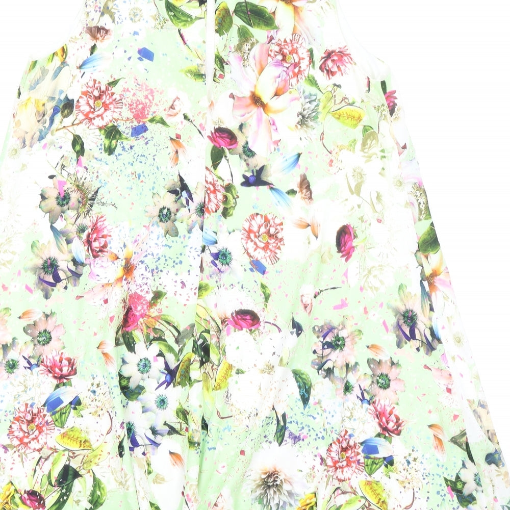 Love Womens Green Floral Polyester Fit & Flare Size S Boat Neck Button