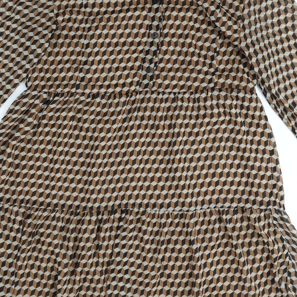 MNG Womens Brown Geometric Polyester Fit & Flare Size 8 Mock Neck Button