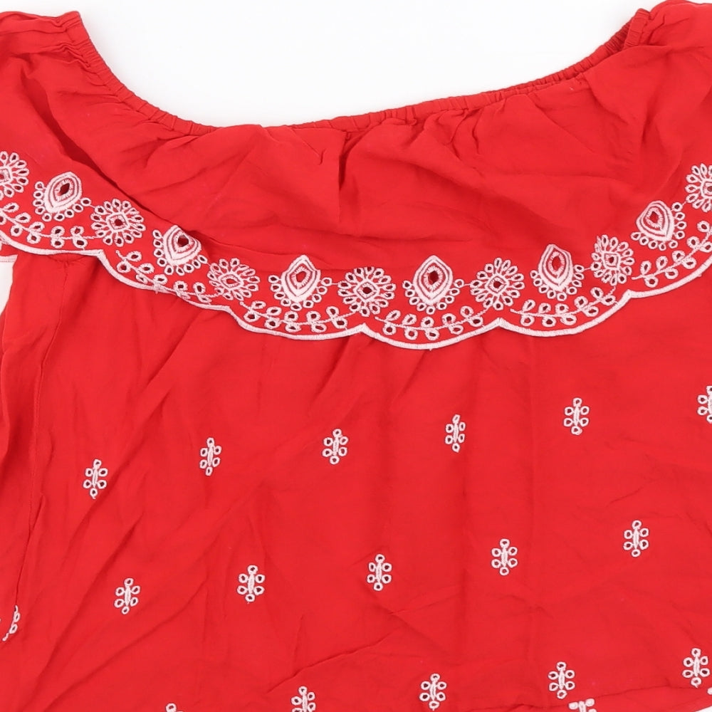 Select Womens Red Geometric Viscose Basic Blouse Size 12 Off the Shoulder