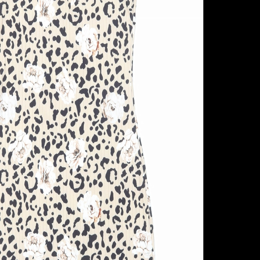Quiz Womens Brown Geometric Polyester Bodycon Size 6 Round Neck Pullover - Floral Leopard Print
