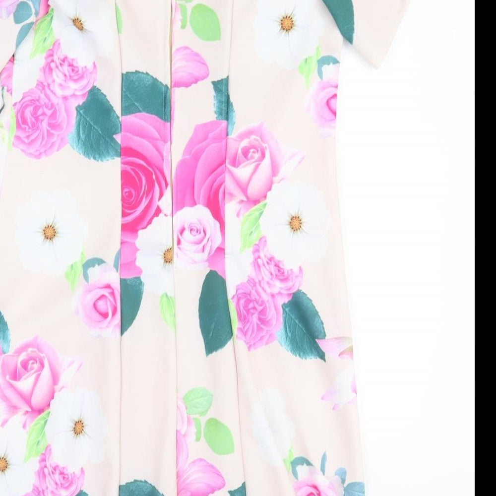 Preworn Womens Pink Floral Polyester A-Line Size M V-Neck Zip