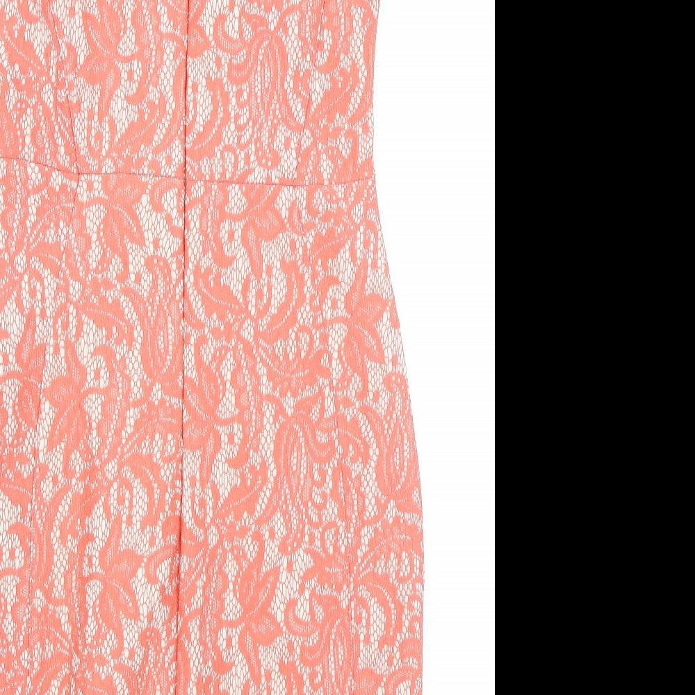 Warehouse Womens Pink Floral Polyester A-Line Size 10 Boat Neck Zip