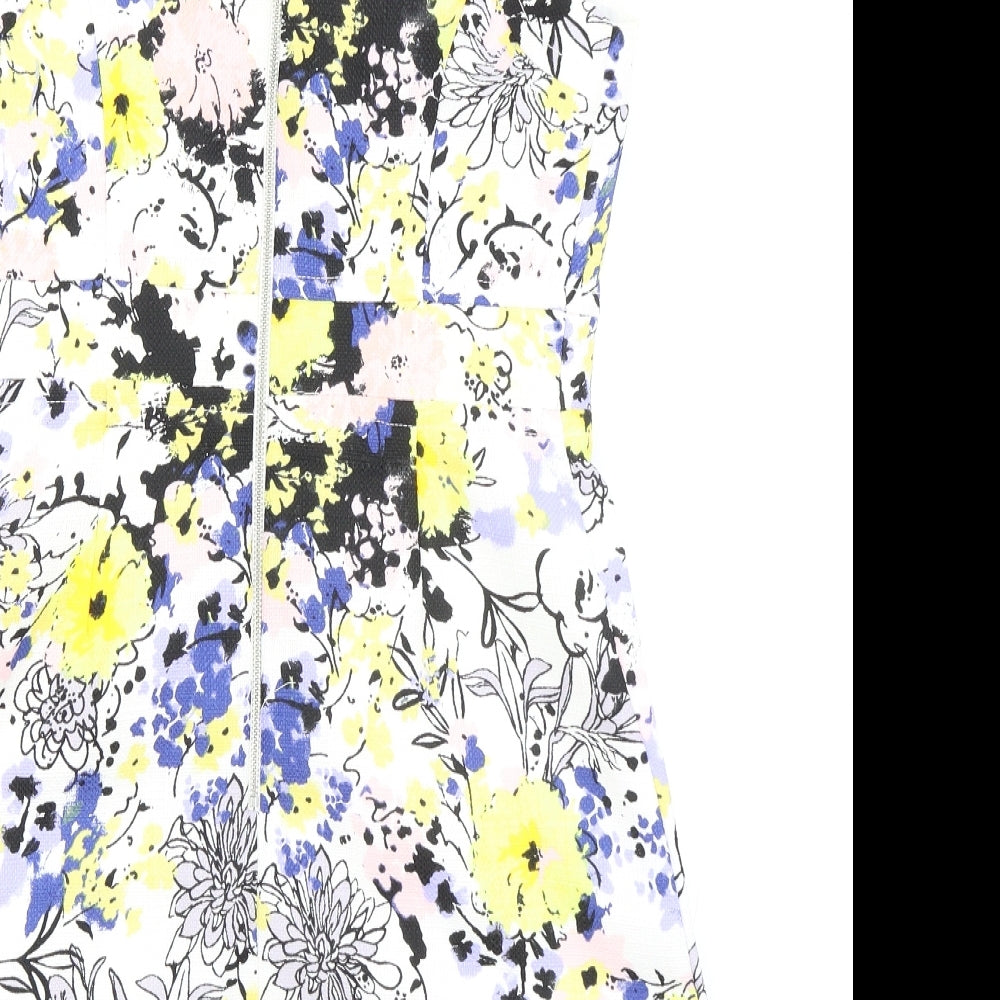 Warehouse Womens White Floral Polyester A-Line Size 10 Boat Neck Zip