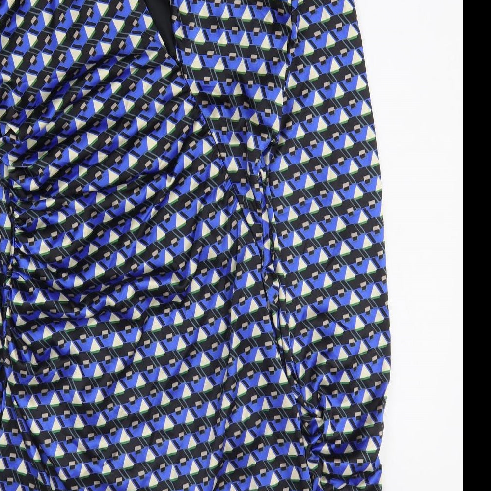 Zara Womens Blue Geometric Polyester A-Line Size M Off the Shoulder Zip