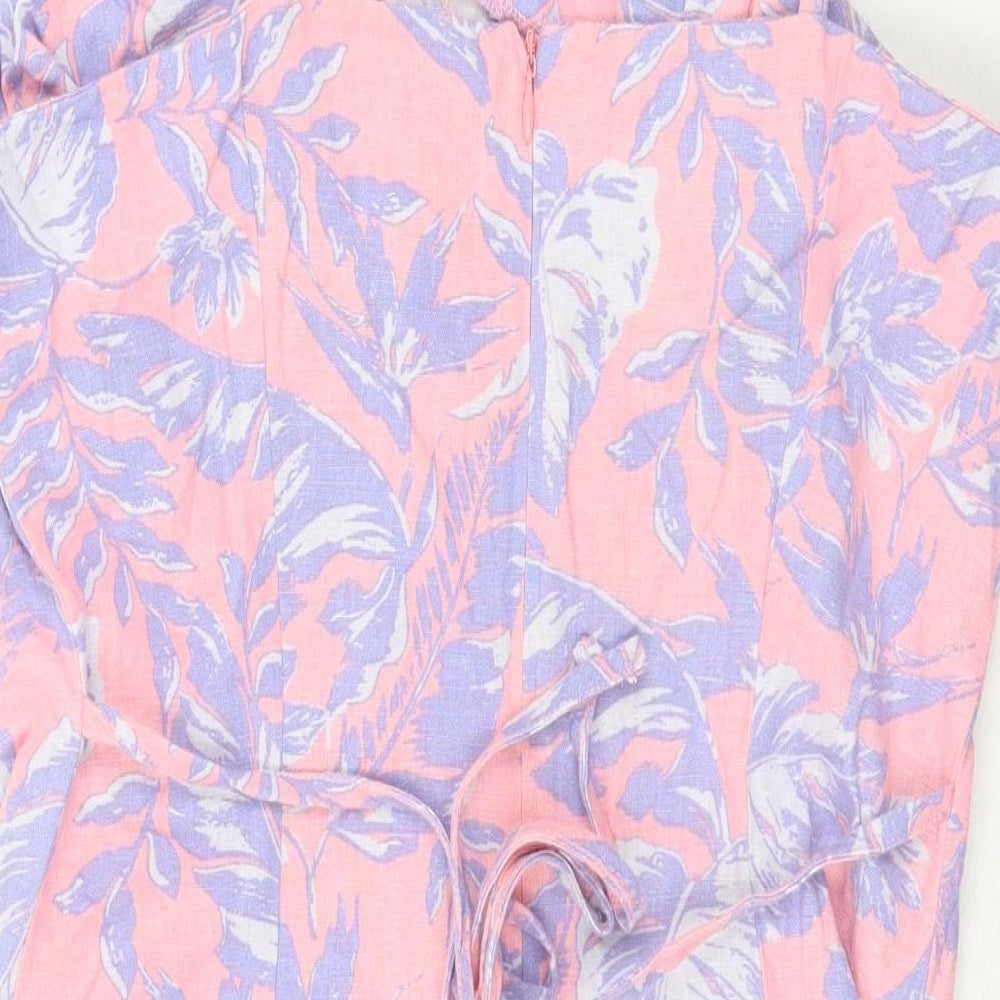 New Look Womens Pink Floral Cotton Mini Size 14 Square Neck Zip