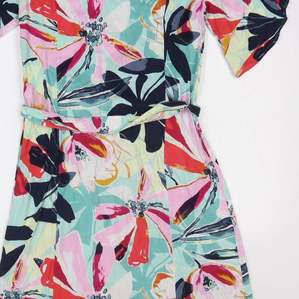 Marks & Spencer Womens Multicoloured Geometric Linen Fit & Flare Size 8 Square Neck Pullover