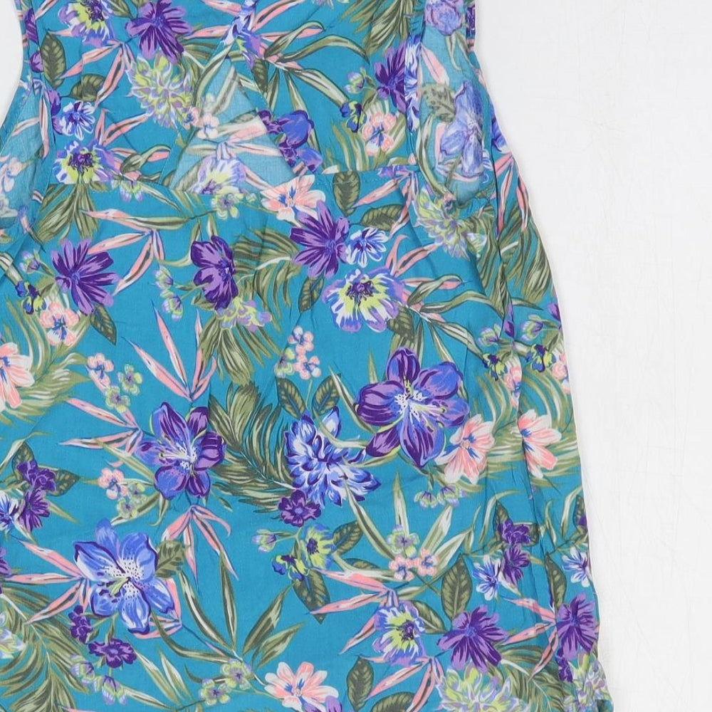 New Look Womens Blue Floral Viscose Basic Blouse Size 8 Scoop Neck