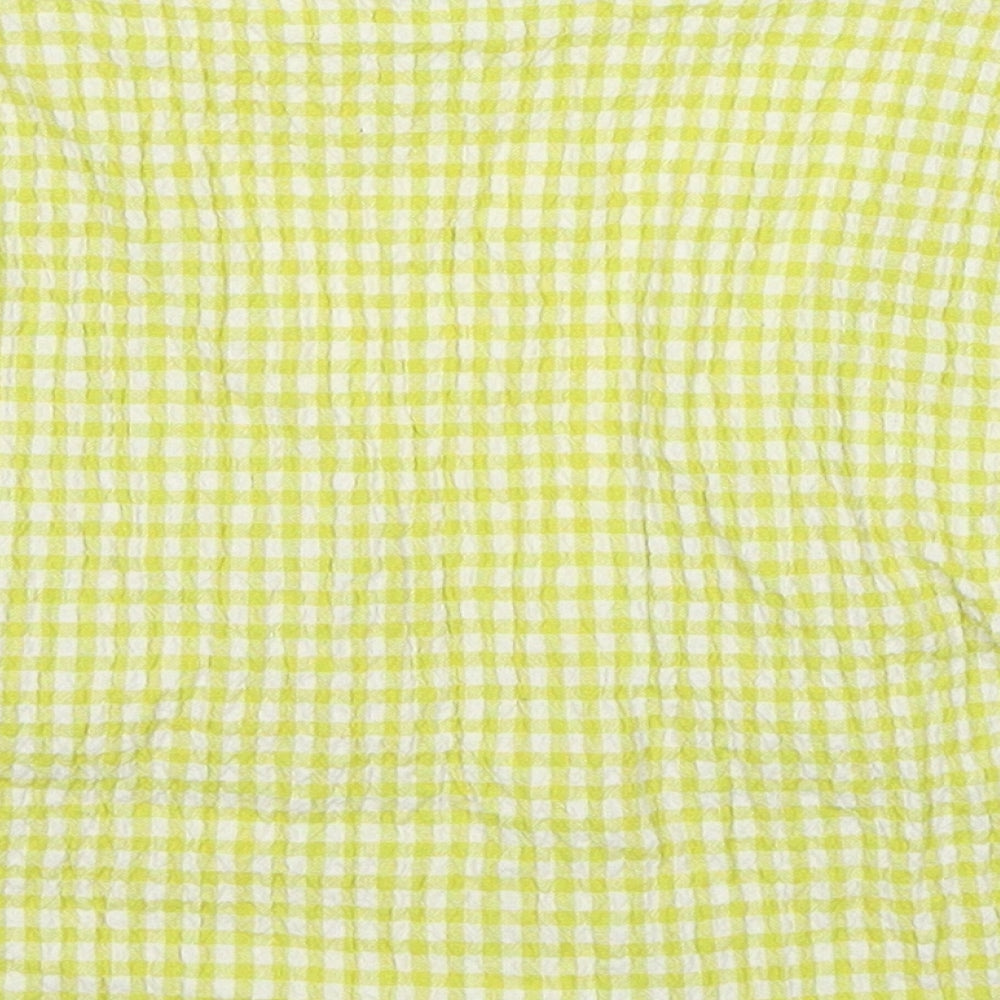 Pull&Bear Womens Yellow Check Cotton Cropped Blouse Size M V-Neck