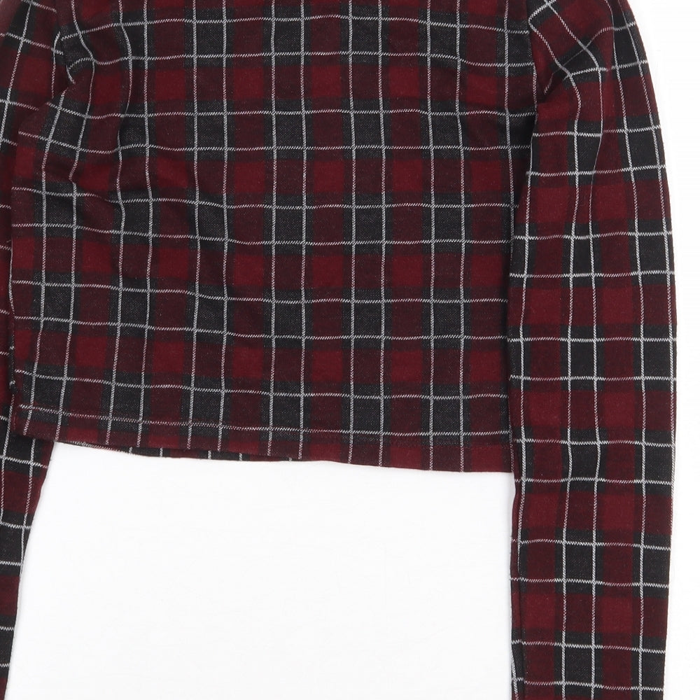pull Womens Red Plaid Polyester Cropped T-Shirt Size M Round Neck
