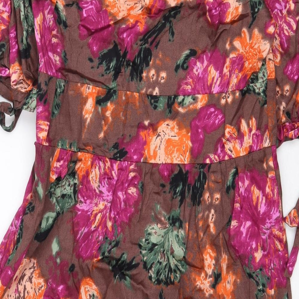 Topshop Womens Brown Floral 100% Cotton A-Line Size 12 Cowl Neck Pullover