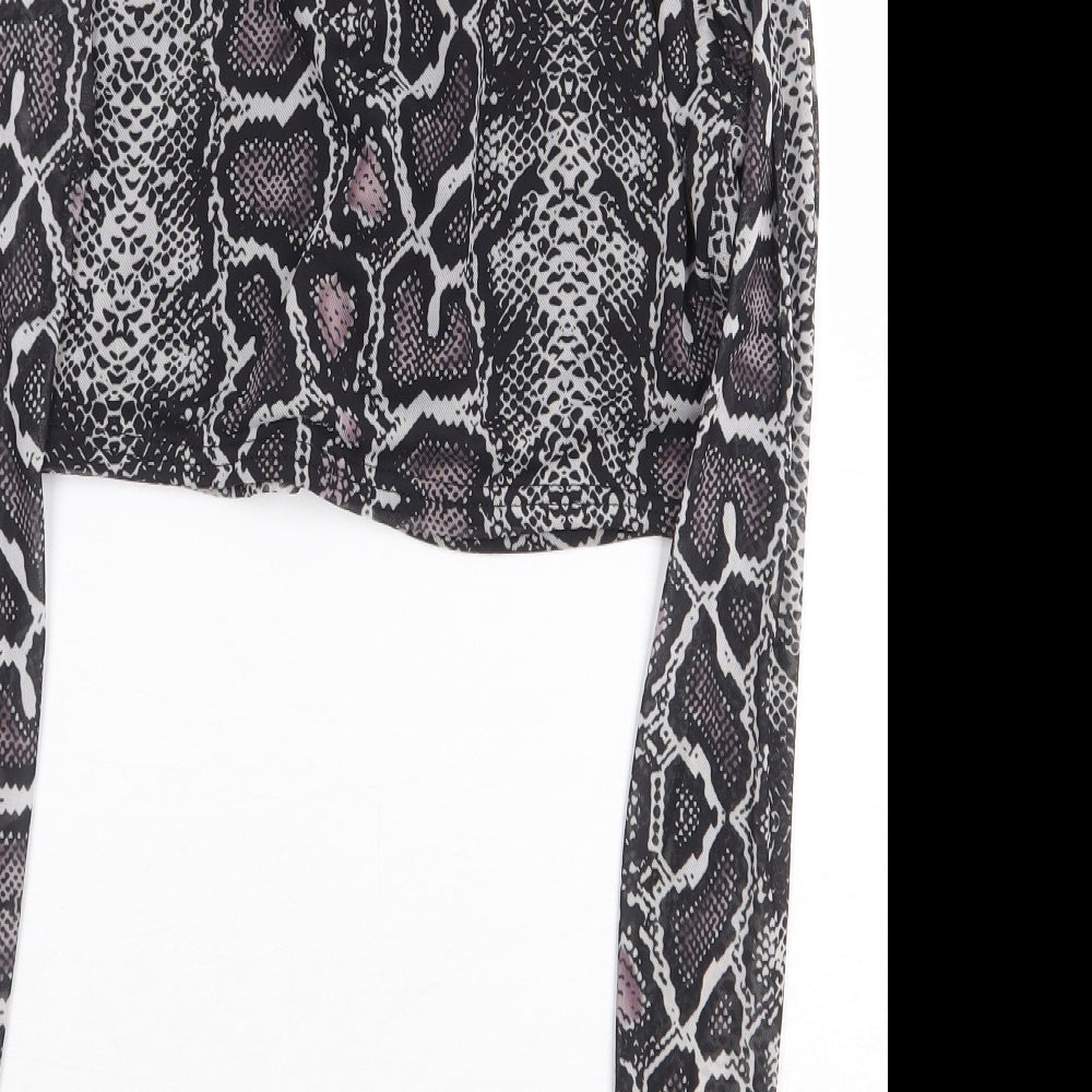 PRETTYLITTLETHING Womens Grey Animal Print Polyester Cropped Blouse Size 12 Scoop Neck - Snakeskin Pattern