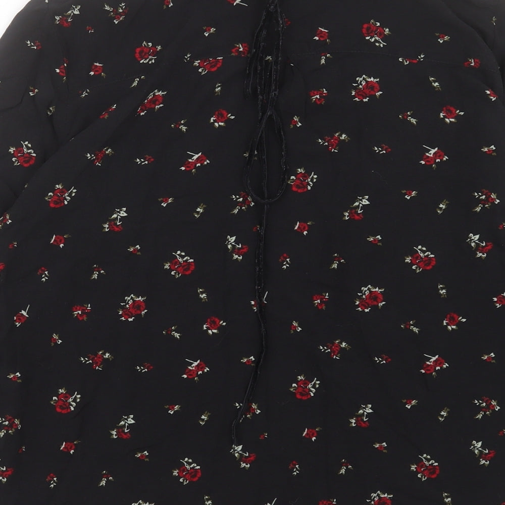 Pull&Bear Womens Black Floral Viscose Basic Button-Up Size L Collared - Tie Neck Detail