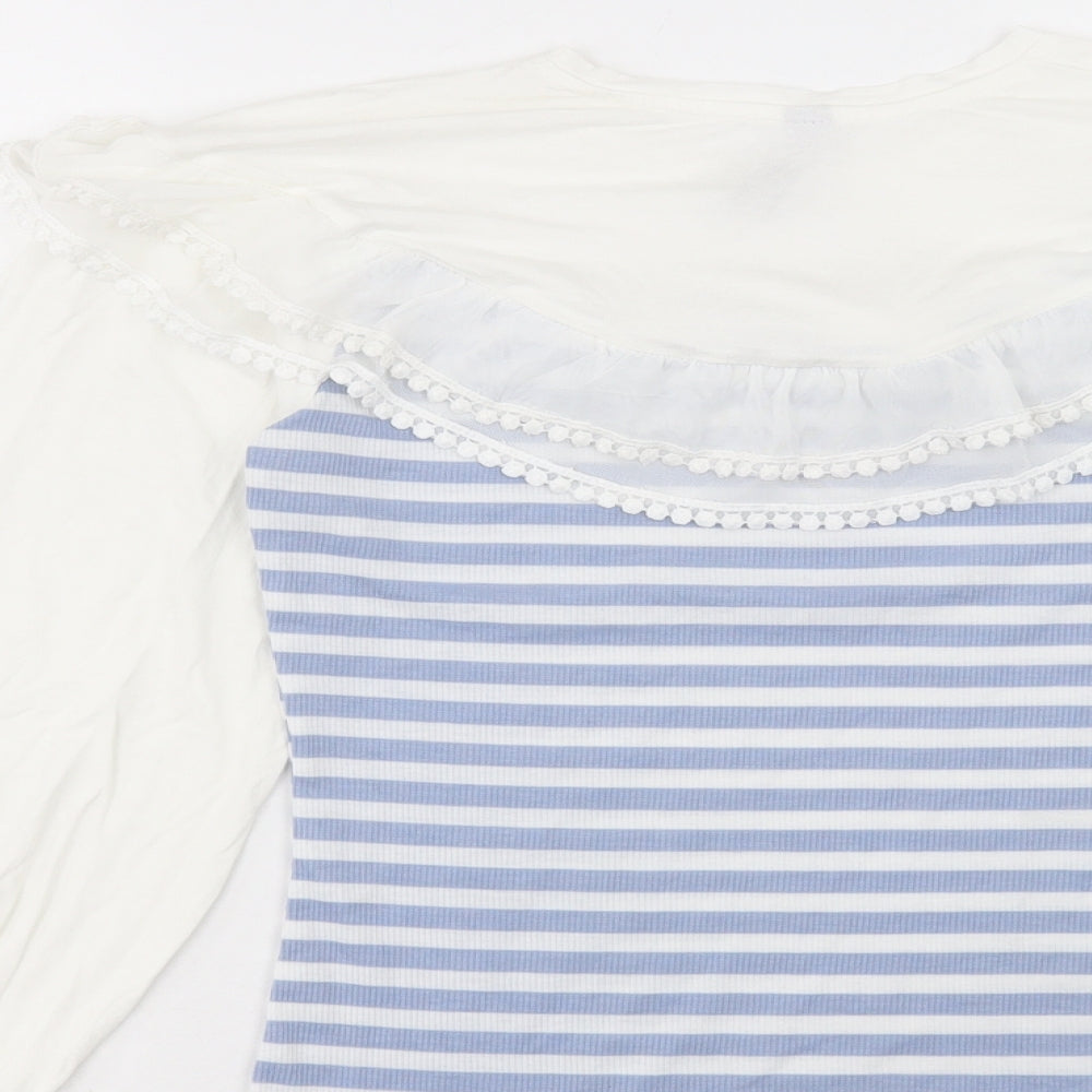Elti Womens Blue Striped Polyester Basic Blouse Size M Round Neck - Pom Pom Detail