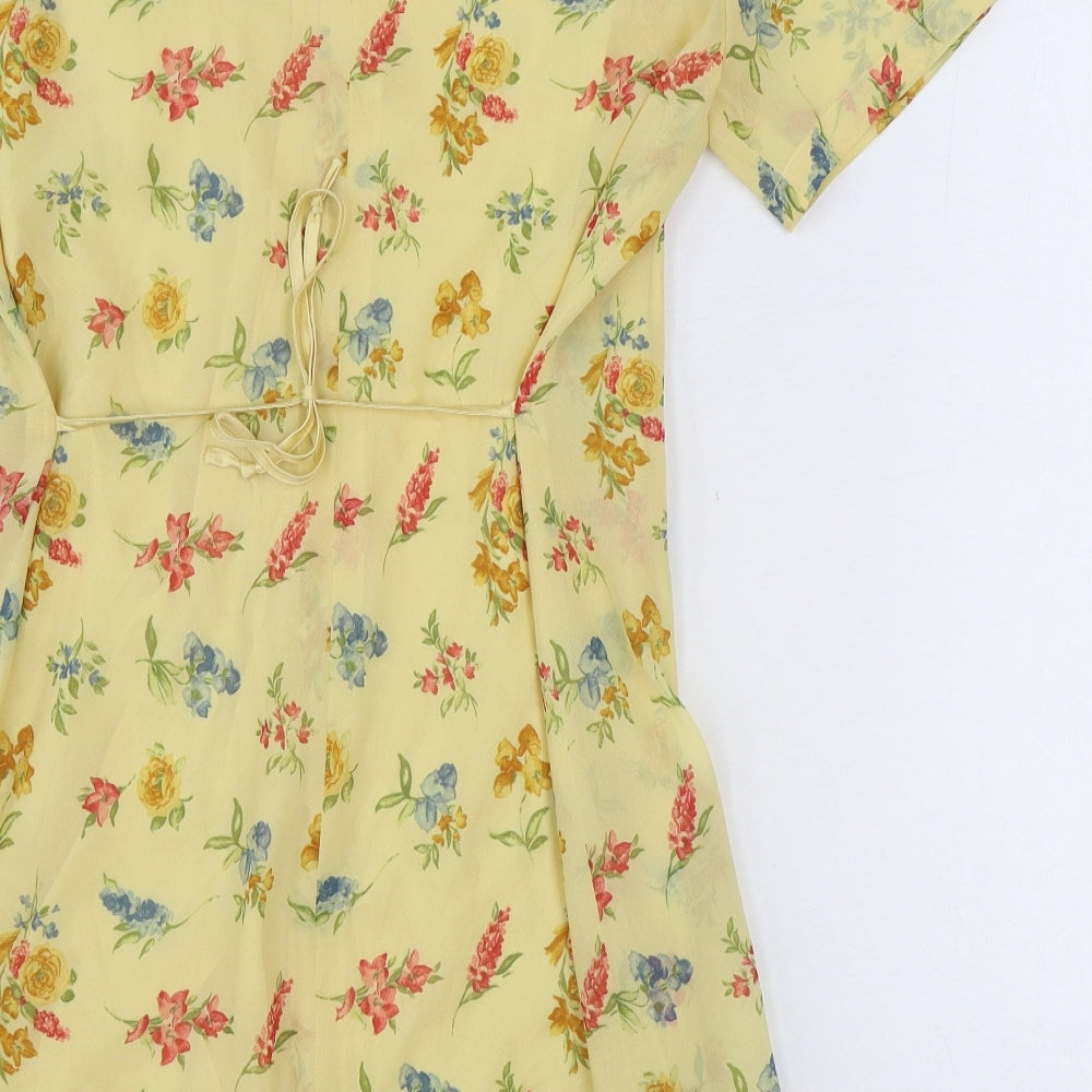DUO Womens Yellow Floral Viscose A-Line Size 10 Round Neck Button