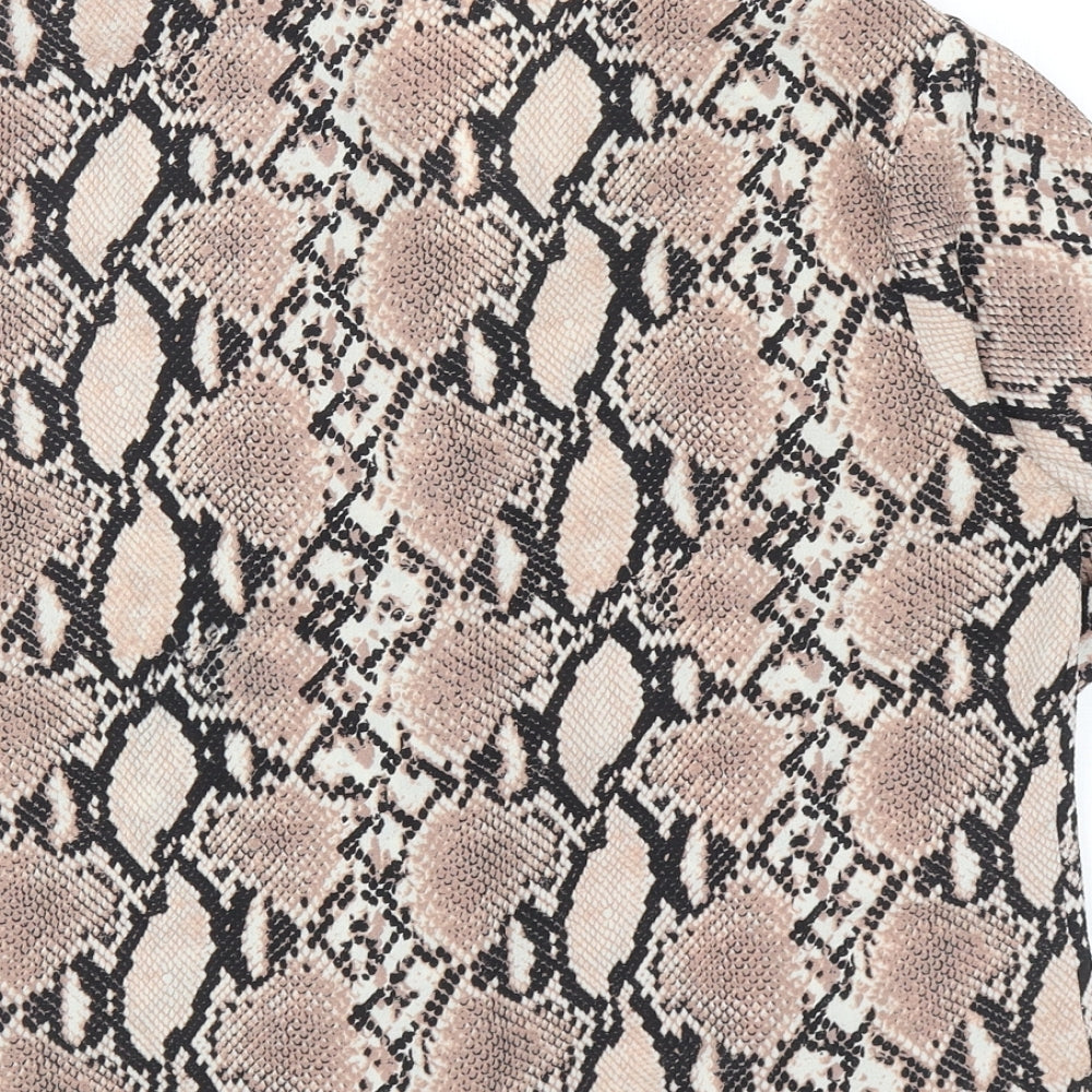 New Look Womens Brown Animal Print Polyester Basic Button-Up Size 8 V-Neck
