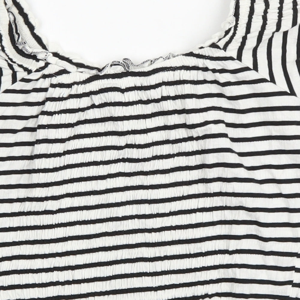 New Look Womens White Striped Cotton Cropped T-Shirt Size 8 Scoop Neck