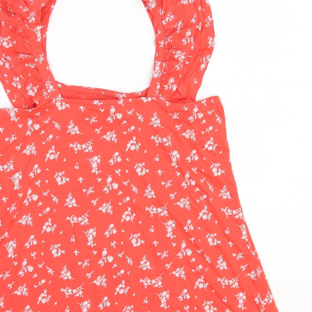 Marks & Spencer Womens Red Floral 100% Cotton Basic Tank Size 10 Square Neck
