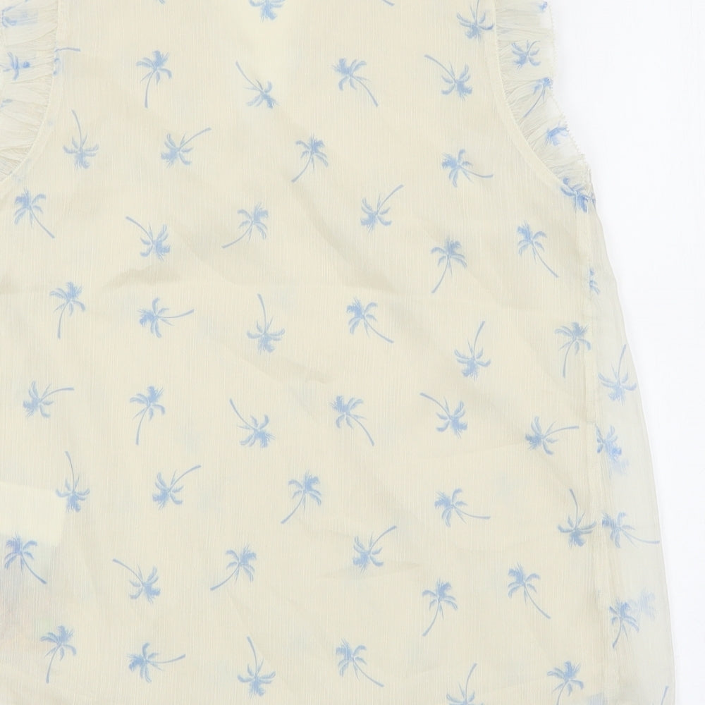 H&M Womens Ivory Floral Polyester Basic Blouse Size 4 V-Neck - Palm Tree Print